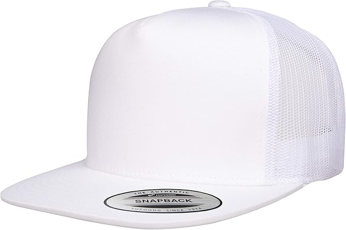 Flat bill white trucker hat